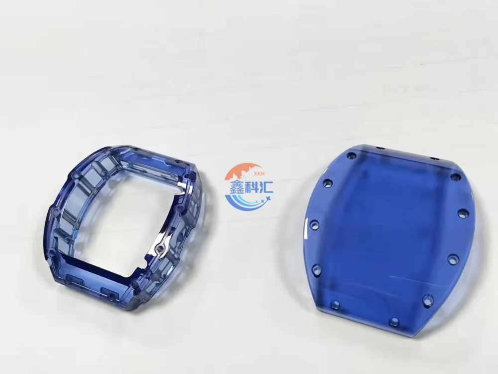 Blue shaped sapphire watch case and matching flat component with perimeter holes