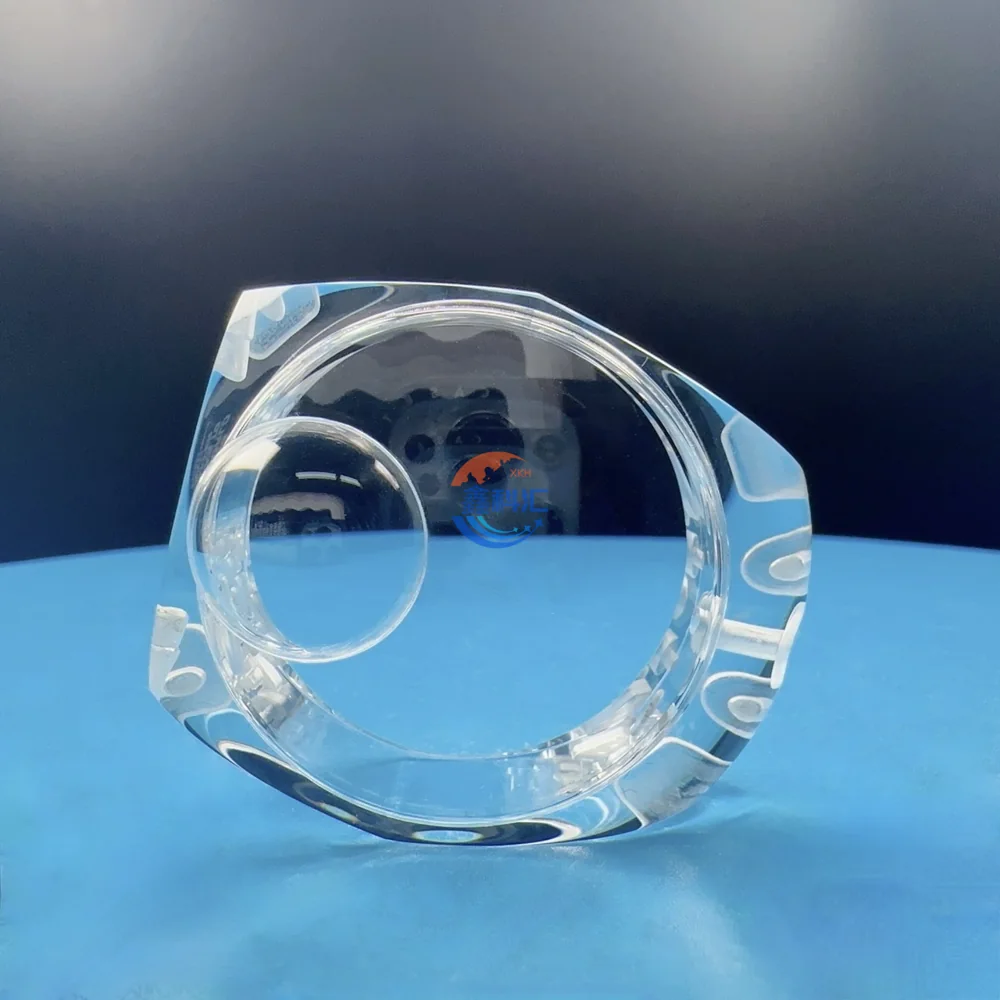 Custom transparent sapphire watch case with curved sides and central opening